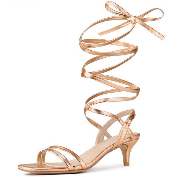 Women's Strappy Lace Up Slingback Kitten Heel Sandals Rose Gold - Picture 1 of 5
